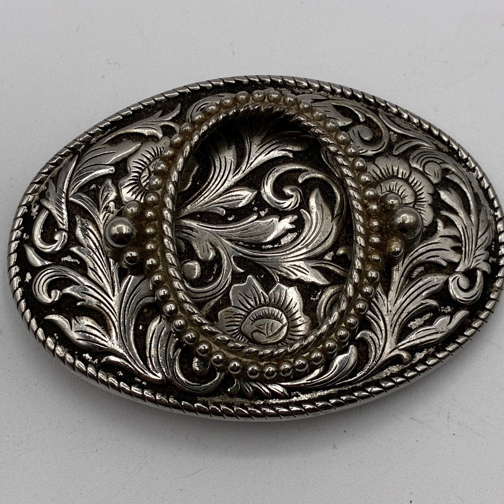 Vintage Western Silverplate Belt Buckle Floral Scroll Rope Edge Cowboy Cowgirl
